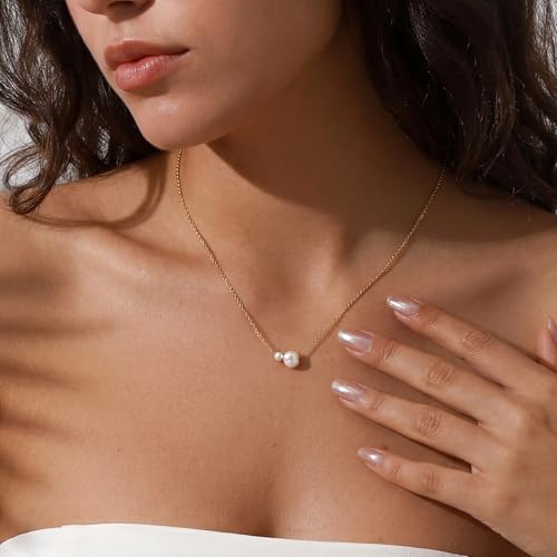 Gold Pearl Necklaces for Women Trendy, 14K Gold Plated Dainty Necklace Simple Single Double Layered Pearl Pendant Necklaces for Women Wedding Birthday Jewelry Gifts - color: 1-Double Pearl - Gold