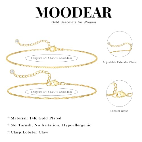 Moodear Gold Bracelets for Women, 2PCS Dainty 14K Gold Plated Link Chain | Waterproof Non Tarnish Jewelry, Adjustable Gold Plated Link & Bead Chain, Perfect for Daily Wear, Vacation Outfits & Gifts - color: gold-3