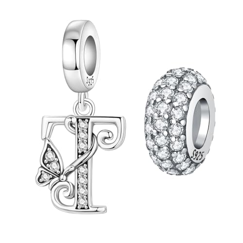2 Pack 925 Sterling Silver Butterfly Letter Charms for Bracelets and Necklace Alphabet Initial Dangle Pendants Round Spacer Beads Pave Cubic Zirconia Jewelry Gift for Women - color: T Set