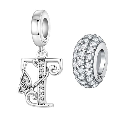 2 Pack 925 Sterling Silver Butterfly Letter Charms for Bracelets and Necklace Alphabet Initial Dangle Pendants Round Spacer Beads Pave Cubic Zirconia Jewelry Gift for Women - color: T Set