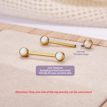 FUNLMO 2pcs Nipple Piercing Jewelry Titanium Nipple Rings Internally Threaded Tongue Rings Bridge Piercing Jewelry Nipple Barbells 14G 12-20mm - color: Gold,White Opal