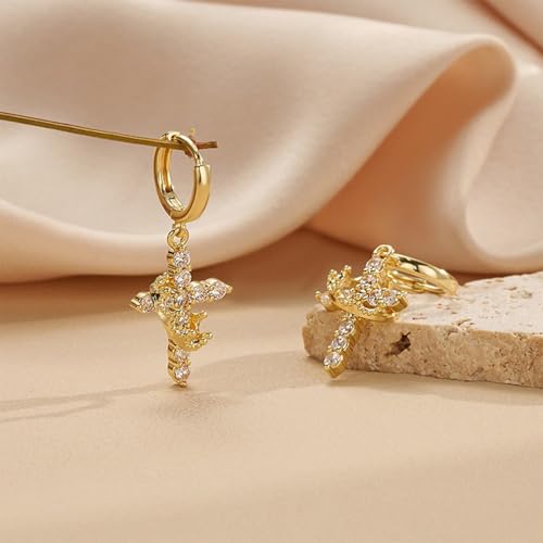 Gold Crown Cross Hoop Earrings and Pendant Necklace Set for Women, 14K Gold Plated Brass, Cubic Zirconia Huggie dangle Earring Jewelry, Trendy Dainty Christian Jewelry Gift