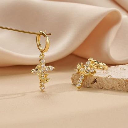 Gold Crown Cross Hoop Earrings and Pendant Necklace Set for Women, 14K Gold Plated Brass, Cubic Zirconia Huggie dangle Earring Jewelry, Trendy Dainty Christian Jewelry Gift