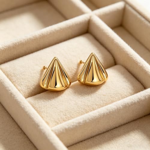 Gold Statement Earrings For Women, 14K Gold Plated Textured Geometric Drop Earrings - Hypoallergenic Stainless Steel Statement Earrings for Women, Waterproof Fan-Shaped Dangle Earrings for Beach & Daily Wear - color: Triangle DKE252101GL