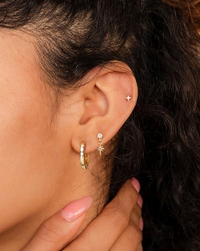 3 Pairs Earring Stacks, Gold Earring Set Jewelry Gift for Women | Small, 14K Gold/White Gold/Black/Rose Gold Plated, Hypoallergenic, Her, Everday, Stackable, Simple, 3 Holes - color: Gold-Polaris