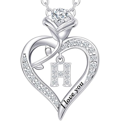 Rose Heart Pendant Necklace Gifts for Wife, Engraved 'I love you' Gift for Wife Girlfriend, Anniversary Birthday Eternity Jewelry Present for Women, Moissanite Necklace Gift for Her - style: H