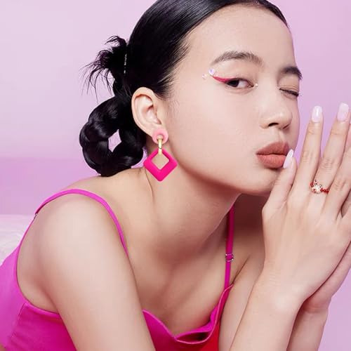 70s 80s Vintage Resin Neon Square Dangle Drop Earrings Simplicity Acrylic Hollow Round Circle Geometry Stud Earrings for Women - style: Pink Rose Red