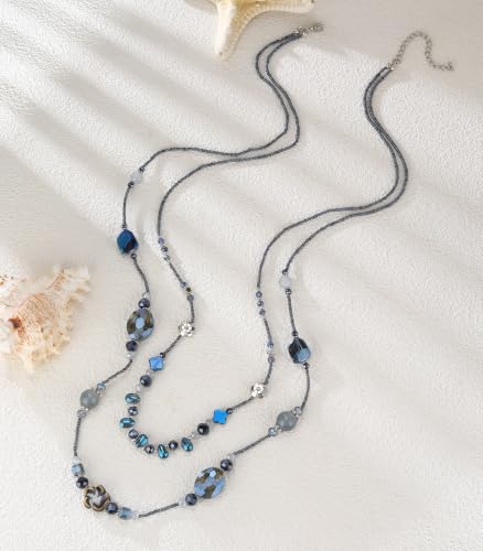 FULU AUTUMN Long Layered Beaded Necklaces for Women Statement Double Bead Strand Ceramic Flower Boho Jewelry Gifts for Mom - color: Navy Blue