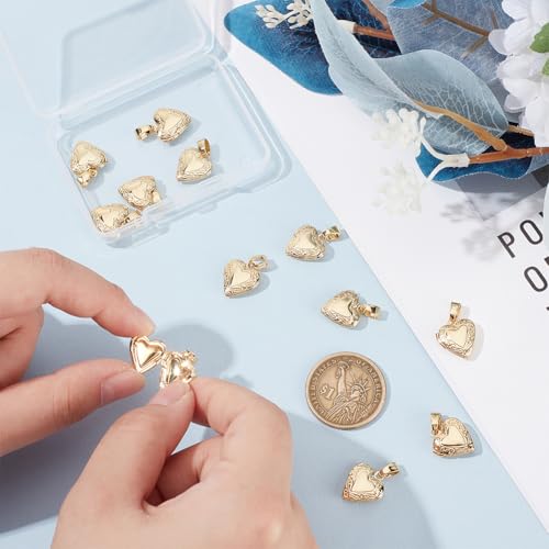 UNICRAFTALE 12Pcs Heart Charms Real 18K Gold Palted Locket Photo Frame Charms Love Dangle Charms Metal Memorial Charms with Pinch Bails Memory Necklace Making for Mother's Day Gift