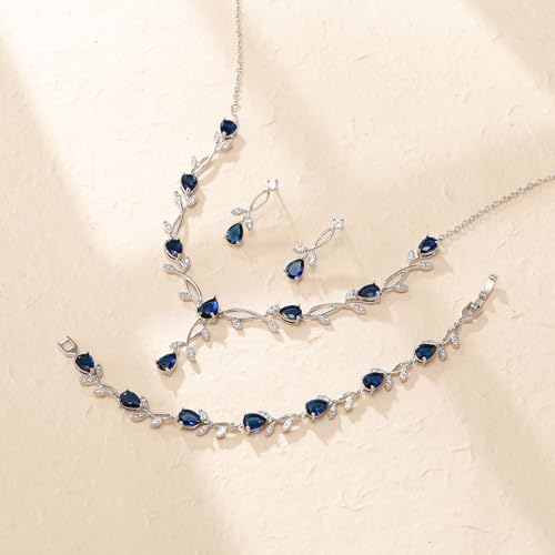 Crysdue Wedding Jewelry Set for Brides Bridesmaid, Cubic Zirconia Teardrop Marquise Leaf Cluster Pendant Necklace Bridal Tennis Bracelet Drop Earrings for Women Party Prom - style: A- CZ set-blue, silver