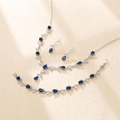 Crysdue Wedding Jewelry Set for Brides Bridesmaid, Cubic Zirconia Teardrop Marquise Leaf Cluster Pendant Necklace Bridal Tennis Bracelet Drop Earrings for Women Party Prom - style: A- CZ set-blue, silver