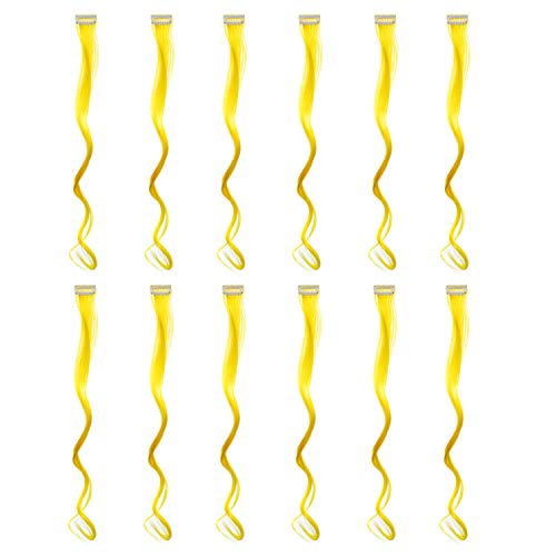 12 Pcs Curly Wavy One Color Party Highlights Clip on in Hair Extensions For Women Colored Hair Streak Synthetic Hairpieces (Yellow) - color: Yellow