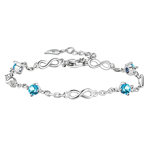 kelistom 925 Sterling Silver Bracelets for Women Teens, Love Heart Charm Chain Bracelet Bangle Fashion Jewelry Gifts - color: infinity zircon-blue