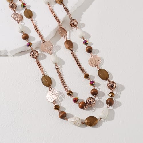 Bocar Long Necklaces for Women Trendy, Boho Layered Crystal Beaded Collar Necklaces for Women, Fashion Statement Necklaces Jewelry - color: Brown
