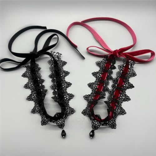 Gothic Lace Choker Tie-Up Velvet Ribbon 2 Pack Black & Burgundy Soft Collar Necklace with Crystal Drop Pendant Set - color: Black+Burgundy