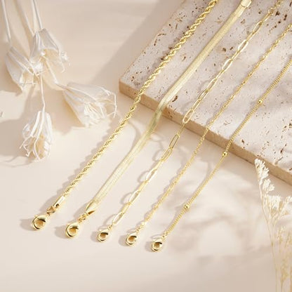 Gold Bracelet for Women, Waterproof Jewelry,5PCS | 14K Gold Plated Bracelets Stacks Non-Tarnish, Lightweight & Comfy, Trendy Adjustable Dainty Links, Women’s Jewelry Gift - color: 5 pcs-Rope+Paperclip+Satellite+Snake+Twist