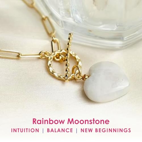 Gempires Gemstone Heart Pendant Necklace for Women, Gold Toggle Birthstone | Handmade gemstone heart pendant necklace — choose from 11 stones and birthstones, gold toggle paperclip chain. - color: Rainbow Moonstone