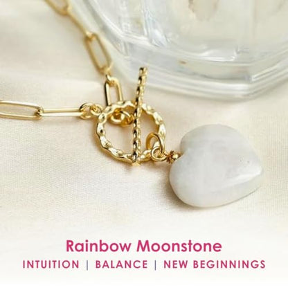 Gempires Gemstone Heart Pendant Necklace for Women, Gold Toggle Birthstone | Handmade gemstone heart pendant necklace — choose from 11 stones and birthstones, gold toggle paperclip chain. - color: Rainbow Moonstone