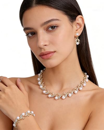 14K Gold Plated Pearl Jewelry Set for Women - 3 Piece Wedding Jewelry Sets with Necklace Earring Bracelet, Crystal Accented Pearl Bridal Set for Wedding