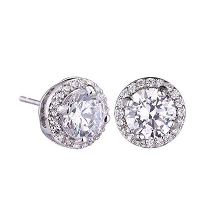 AMYJANE Halo Crystal Jewelry Set - Sterling Silver Round Cubic Zirconia Crystal Bridal Pendant Necklace Earrings Set for Wedding Bride Bridesmaids - color: Clear - Silver