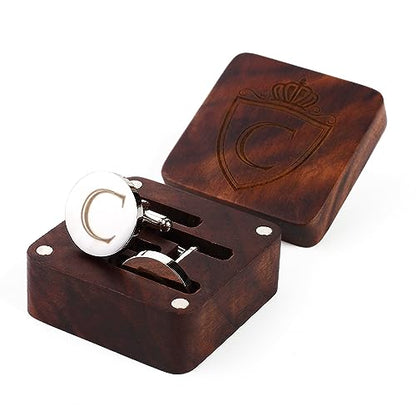 Mens Initial Silver Cufflinks A-Z Alphabet Letter Steel Cuff Links with Engraved Walnut Wood Box Groom Groomsman Wedding Set… - style: C