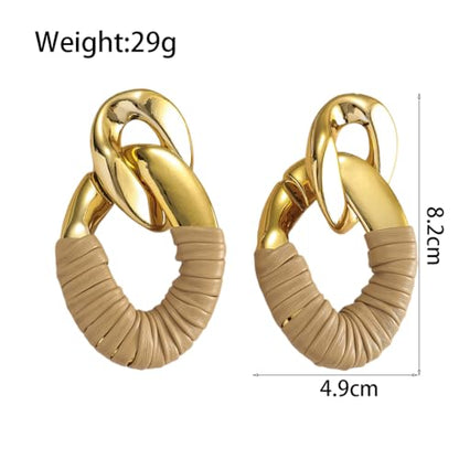 Chunky Gold Acrylic Chain Statement Earrings for Women,Exaggerated Thick Chain Artificial Leather Wrap Dangle Earrings Trendy Geometric Ear Jewelry - color: Brown