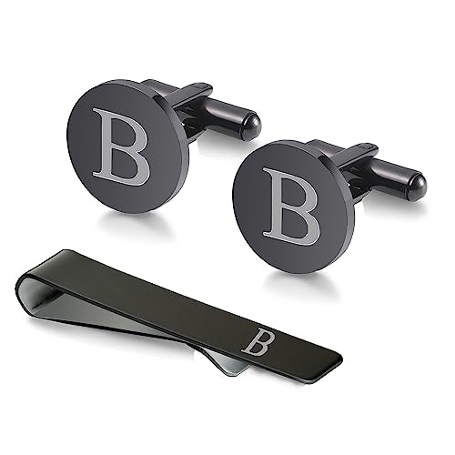 WIGERLON Initial Cufflinks and Tie Clip Set for Men,Stainless steel Letter Cuff Links and Tie Bar Set gift for Father Husband Son Boyfriend - style: B-Black