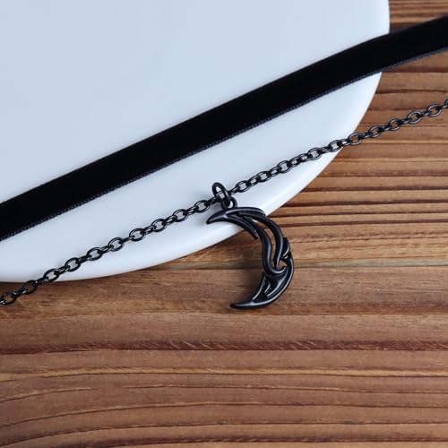 Gothic Layered Necklace, Black Velvet Choker with Dark Pendant | Soft Velvet Choker, Black Pendant, Layered Chain, Dark Academia Aesthetic, Alt Fashin Jewelry, Goth Gift for Women - style: Black Crescent Moon