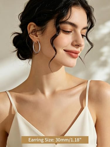 FindChic Thin Hoop Earrings for Women,Silver/Black/Gold Plated 20-100mm - color: Silver, size: 30mm
