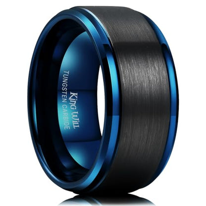 King Will Mens Brushed Wedding Band, Two Tone Matte Step Edges/Pipe Cut, Tungsten Carbide Anniversary Promise Rings Comfort Fit - color: Black&Blue-10mm