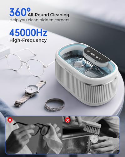 35W Ultrasonic Jewelry Cleaner, 45KHz Retainer Cleaner for Jewelry, 5 Timer & 3 Power Modes, Eyeglasses, Rings, Watch Strap, Dentures - 20oz, 304 Stainless Steel Tank, Quiet <38dB (White) - color: White