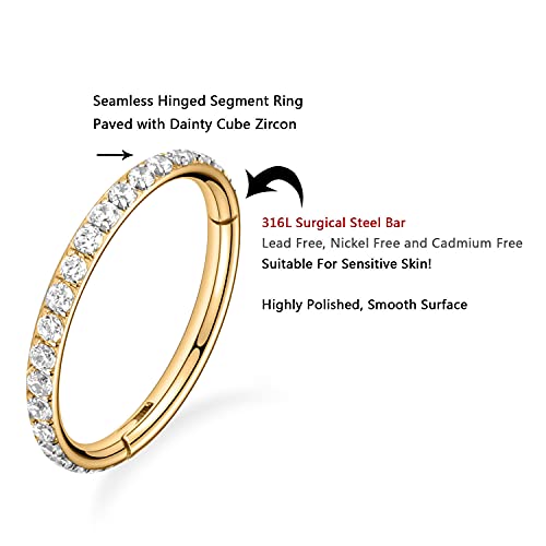 FUNLMO 20G 18G 16G 12G Nose Ring Hoop Conch Rook Daith Helix Tragus Piercing Jewelry 316L Surgical Steel Cartilage Earring Conch Hoop Earring Septum Jewelry Belly Lip Ring 5mm to 14mm - color: Gold-Clear CZ, 1pc