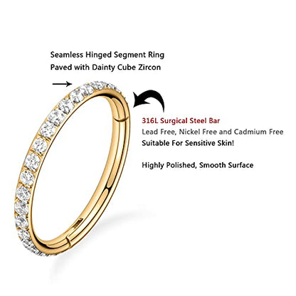 FUNLMO 20G 18G 16G 12G Nose Ring Hoop Conch Rook Daith Helix Tragus Piercing Jewelry 316L Surgical Steel Cartilage Earring Conch Hoop Earring Septum Jewelry Belly Lip Ring 5mm to 14mm - color: Gold-Clear CZ, 1pc