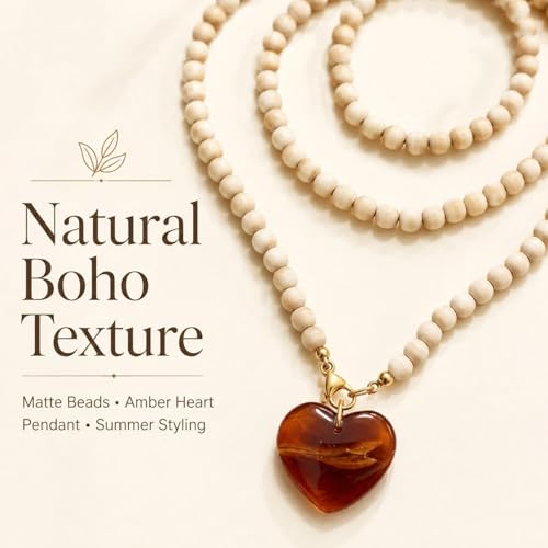 Chunky Beaded Heart Necklace Boho Statement Jewelry for Women Earthy Wooden Bead Necklace for Fall Outfit Sweater Accessories Vacation Styling Birthday Gift
