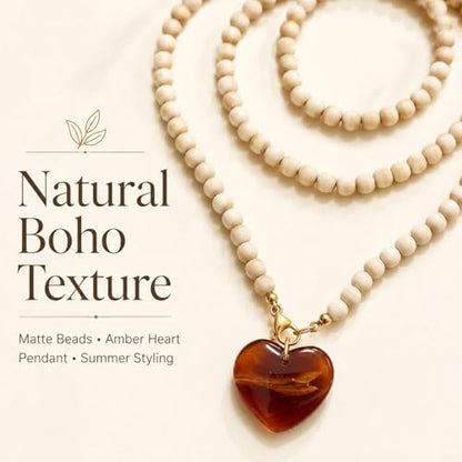 Chunky Beaded Heart Necklace Boho Statement Jewelry for Women Earthy Wooden Bead Necklace for Fall Outfit Sweater Accessories Vacation Styling Birthday Gift