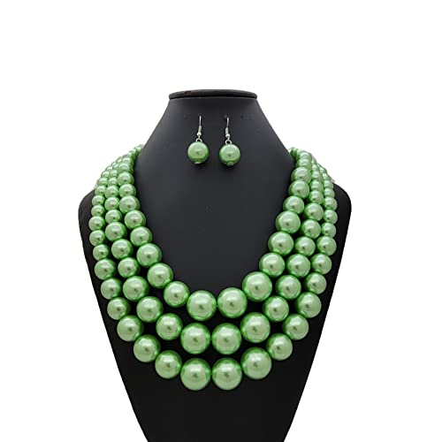 Fashion 21 Women's Faux Pearl Three Multi-Strand Statement Necklace and Earrings Set - color: Lime Green