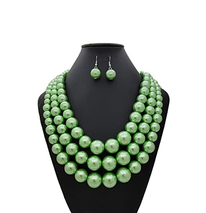 Fashion 21 Women's Faux Pearl Three Multi-Strand Statement Necklace and Earrings Set - color: Lime Green