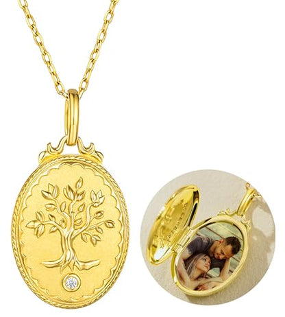 YOUFENG Love Heart Locket 14K Gold-Filled Oval Circle Rectangle Lockets that Hold Pictures Floral Patterns Necklace for Women - style: Family Tree
