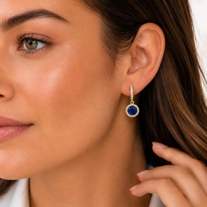 14K Gold Plated Hoop Dangle Earrings for Women, Hypoallergenic Colorful Cubic Zirconia Drop Earrings, Lightweight Huggie Earrings for Women - color: Gold/Sapphire Blue
