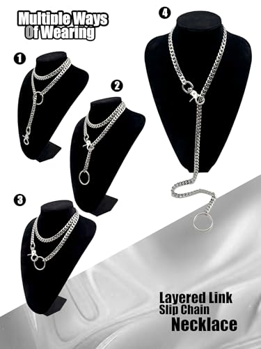 paloli Women's Slip Chain Rainbow Heart O-Ring Chunky Chain Necklace, Rays Cuban Long Layered Jewelry, Adjustable Lariat Y-Necklace Heart Loop Choker - color: L-Oring-Silver