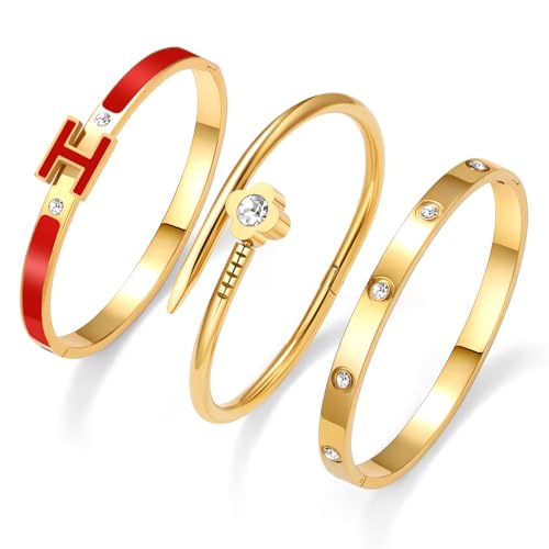 3Pcs Gold Bracelets for Women 14K Gold Plated Love/H/Nail Bangle Bracelet Dainty Non Tarnish Bracelet Jewelry Christmas Mothers Day Gifts for Women - color: 3Pcs Gold/Red H bracelet