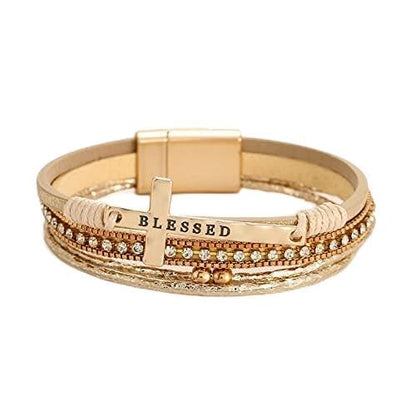Bohemian Faux Leather Wrap Multi Layer Statement Bracelet Cross Christian Religious Leatherette Cuff Crystal Rhinestone Metallic Bead Inspirational Bracelets - color: G