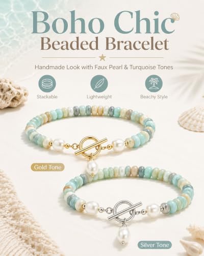Elova Turquoise Bead Pearl Bracelet, Dainty Handmade Beaded Jewelry | Dainty, Colorful Stackable, Boho Summer Beach, Toggle Clasp, Gift for Women - color: 2pc#Silver