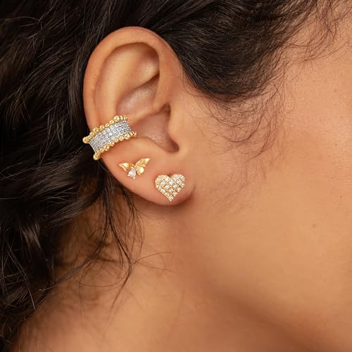 Sparkle Ear Cuff for Women, Non Piercing Single | 14K Gold Plated Brass, Clear Cubic Zirconia Accents, Fixed 3.8-3.9 mm Opening, Single Non-Piercing Cuff For Ear Stacks - style: Beaded Glow