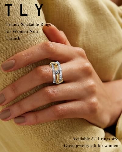 Gold Silver Stackable Rings for Women Mixed Metal Interlocked Ring Stack | Multi Ring set non tarnish 14K Gold Plated Cubic Zirconia Fashion trendy Two Tone Connected Bands Statement rings Size 4-11 - color: 04- Two tone 3 rings