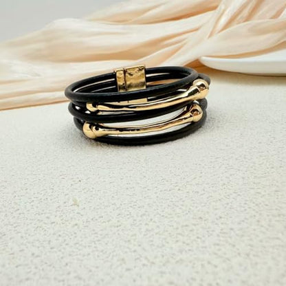 Bracelets for Women Leather Bracelet Multi-Layer Rope Wrap Bangle 14k Gold Plated Cirle Hollow Tube Boho Cuff Bangle Bracelets for Women Gift - style: Bone Tube-Balck Bangle