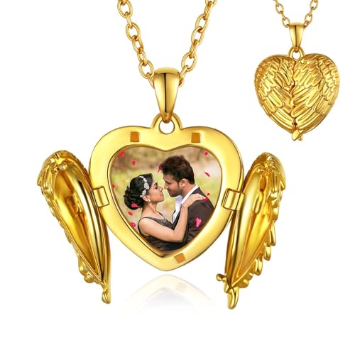 FindChic Locket Necklace for Women Custom Photo Memorial Gifts 4 Colors | Silver/Black/Rose Gold/Gold Plated Personalized for Loved Ones, Birthday Valentine's Day Keepsake - style: 02. Angel Wing 2-Gold