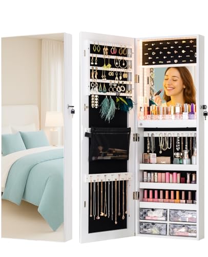 LUXFURNI Wall & Door‑Mounted Storage Jewelry Armoire Cabinet with Mirror | Built‑in LED Mirror, Acrylic Lipstick Tray, 4 Clear Drawers, Large Velvet‑Lined Storage, Wall & Door‑Mounted, Lockable - style: Full Frame White