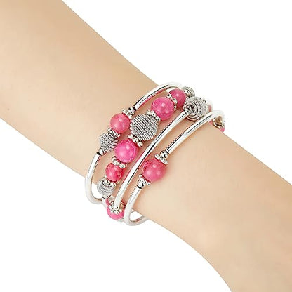 PEARL&CLUB Beaded Chakra Bangle Turquoise Bracelet - Fashion Jewelry Wrap Bracelet with Thick Silver Metal and Mala Beads, Birthday Gifts For Women - color: Hot pink