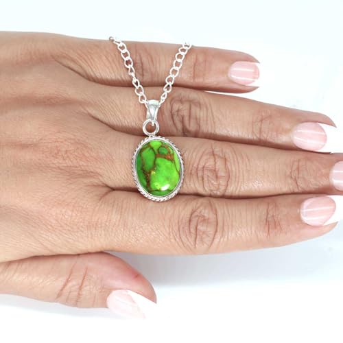 Chunky Natural Gemstone Pendant Necklace For Women Onyx, Turquoise, Amber, Garnet Oval Boho Genuine 925 Sterling Silver Handmade Jewelry - color: Copper Green Turquoise